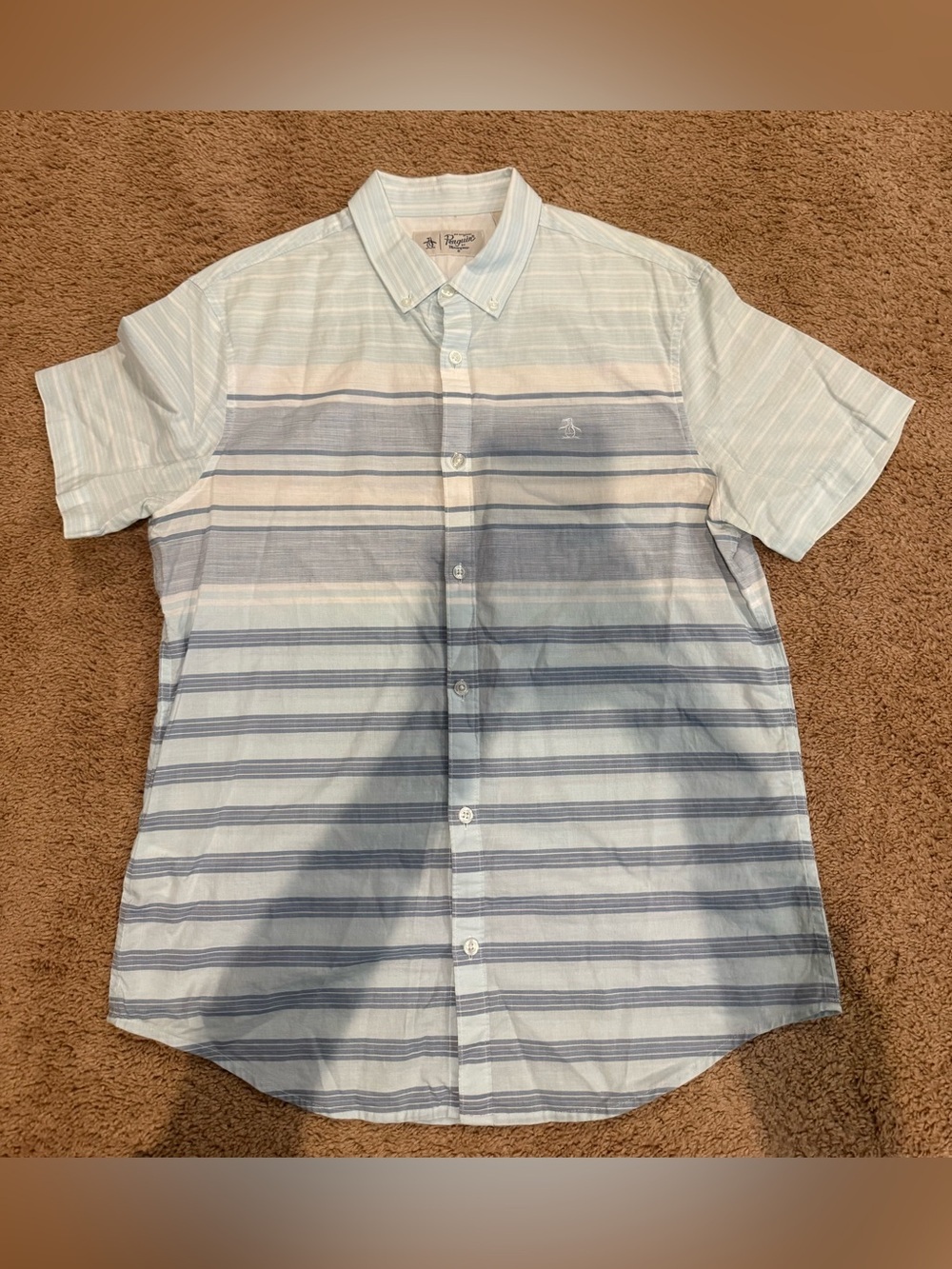 Original Penguin Men’s Short-Sleeve Striped Button-Down Shirt - Light Blue